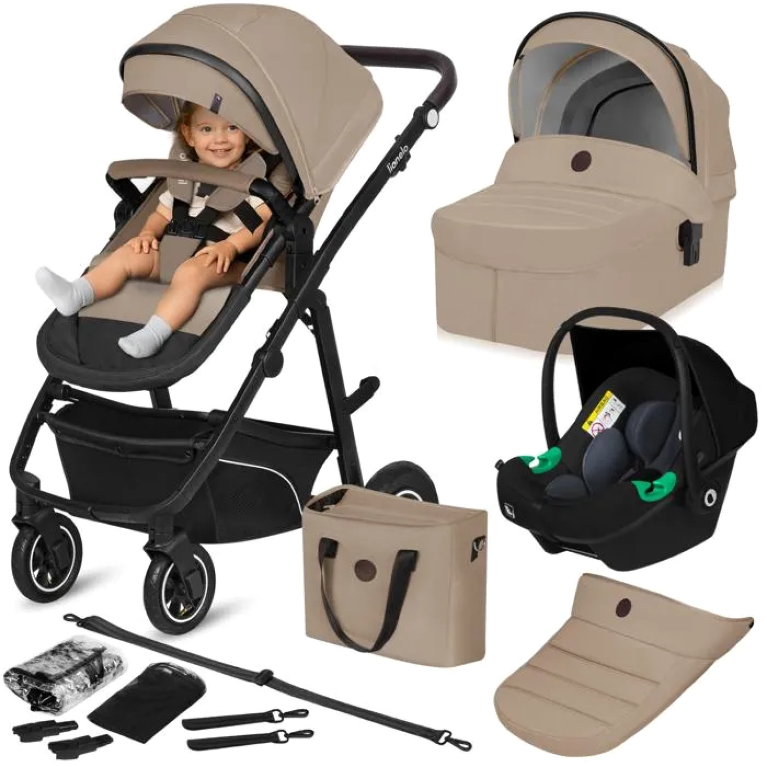 Pack poussette 3 en 1 LIONELO Bianka beige nacelle et cosy auto naissance 22kg