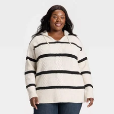 Women's Cozy Cable Hooded Tunic Sweater - Ava & Viv Cream Striped