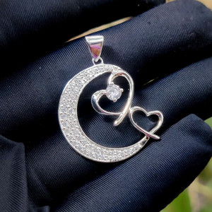Authentic 2Ct Round Natural Moissanite Moon Heart Necklace Pendant 14K White Gold Plated