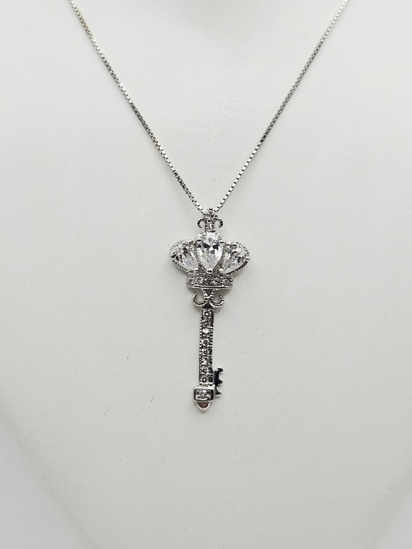 S Sterling Silver CZ Skeleton Key Pendant Necklace 18"