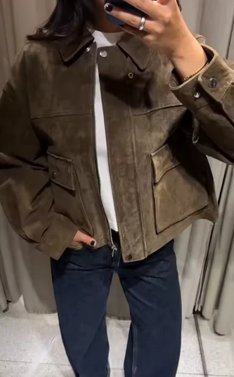 Chaquetas de gamuza vintage con cuello vuelto para mujer de moda manga completa bolsillo en el pecho Foto 4 de 4