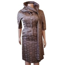 Vintage 1950's Brocade Brown 3 Piece Formal Suit Dress XS