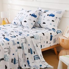 Twin Bed Sheets Boys Kids Construction Car Sheet Set 15-Inch Deep Pocket Fitt...