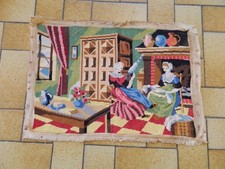 Vintage Tapisserie Femme Filage Couture Intérieur XVIIIe Canevas Terminé 37x52cm