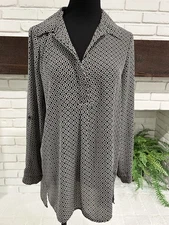 Pleione Women's S Black & Tan Long Roll Tab Sleeve Tunic Blouse Top