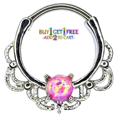16G SEPTUM CLICKER SYNTHETIC OPAL Nose Ring Piercing Hanger Hoop Silver 9118 4 - Picture 1 of 1