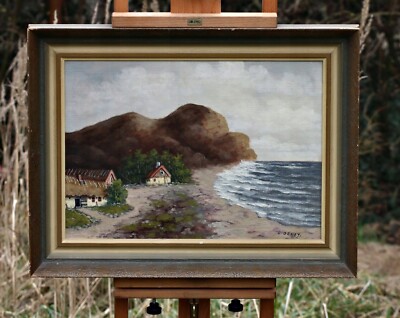 Coastal scene with houses near the sea, oil on canvas painting, signed E.Denby