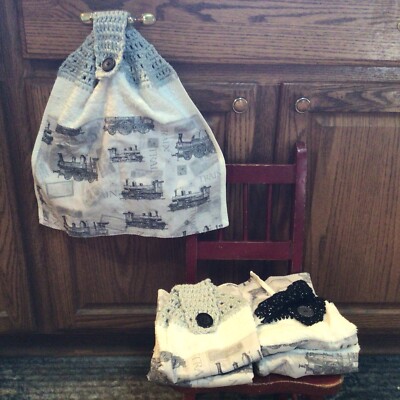 Trains Kitchen Hang Hand Towel Crochet Handmade