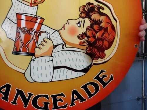 LARGE VINTAGE GOLDEN ORANGEADE PORCELAIN HEAVY METAL ORANGE JUICE SIGN 24" - Image 4 of 4
