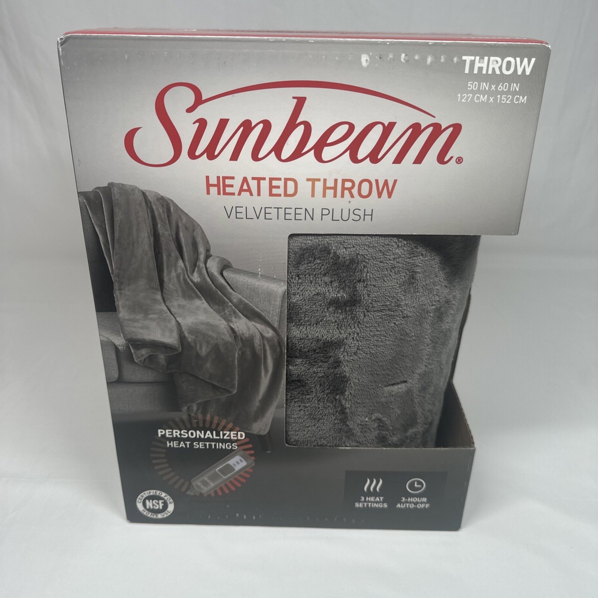 Sunbeam Gray Grey Plaid Heated Throw 50