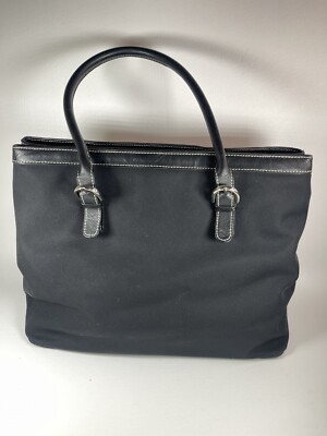 Talbots Black Satchel Purse Rolled Leather Handles Silvertone Hardware