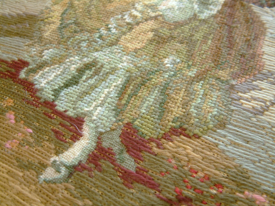 Victorian Era Young Beautfy Gathering Roses Tramme Needlepoint Artistic Tapestry - Image 2 of 4