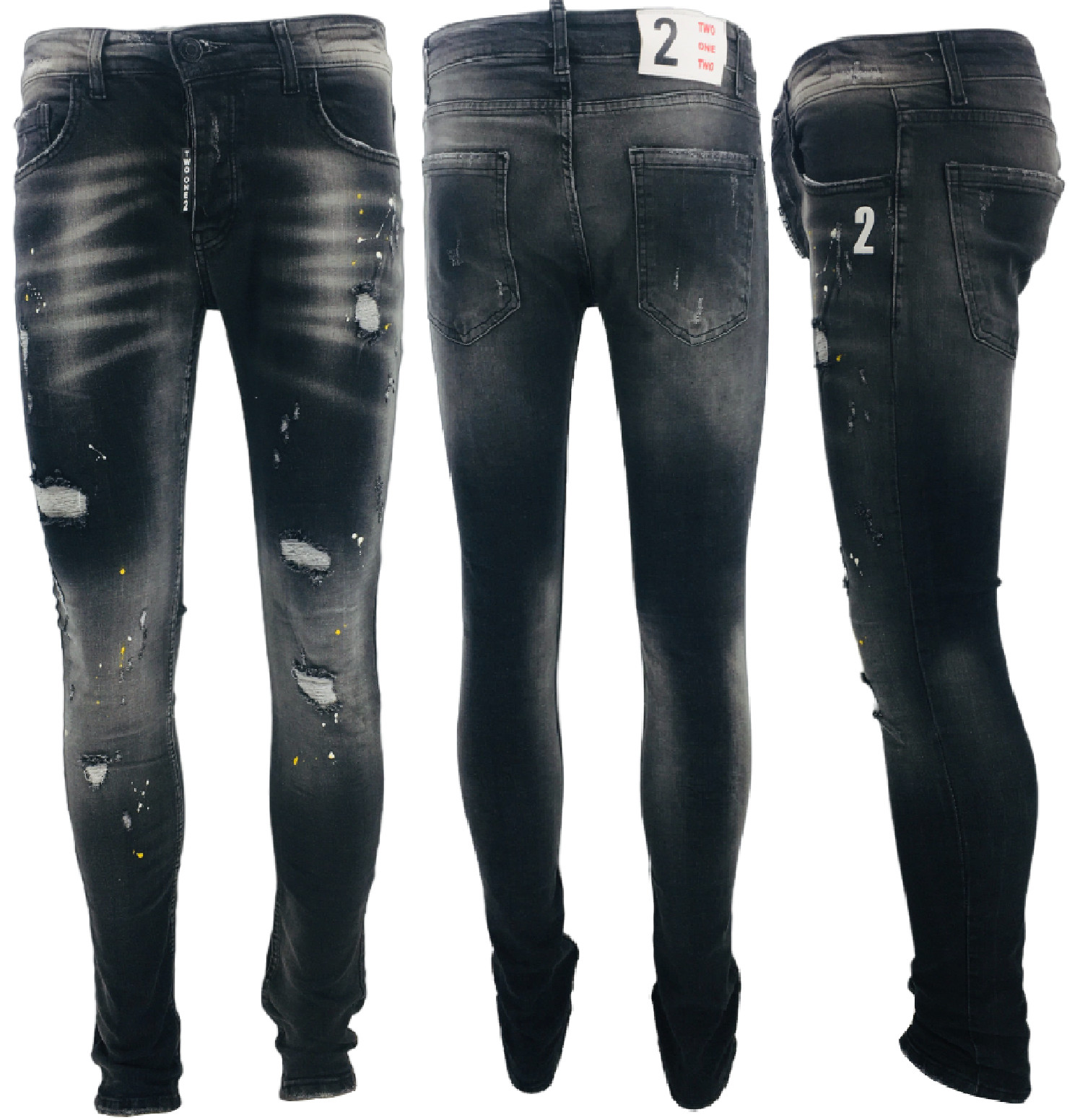 Men's Jeans Denim Patchwork Paint Splatter Distressed Ripped Men Jeans Casual