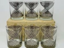 Georges Briard Burgundy Silver Chevron Double Old Fashion Glass Set of 6 In Box