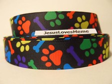 Grosgrain Ribbon, Multi Colored Doggie Paw Prints  Bones on Black, 7/8" Wide