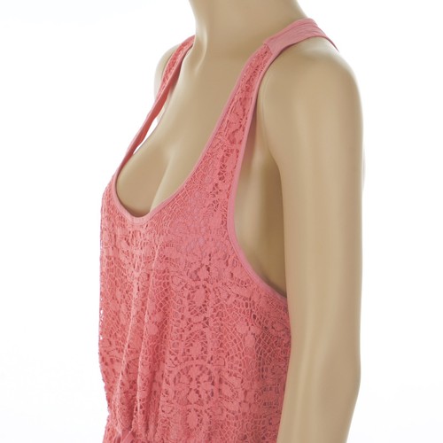 LAUREN CONRAD Women's LARGE Crochet Lace SHORT RACERBACK CORAL DRESS Drawstring - Picture 6 of 11