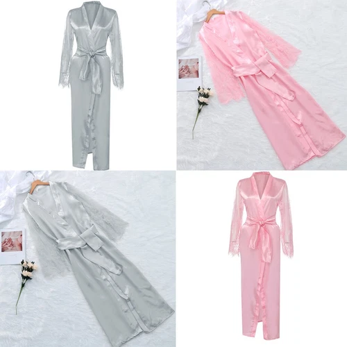 Damen Satin Lang Nachthemd Seide Spitze Dessous Nachthemd Nachtwäsche Sexy Morgenmantel - Bild 7 von 30