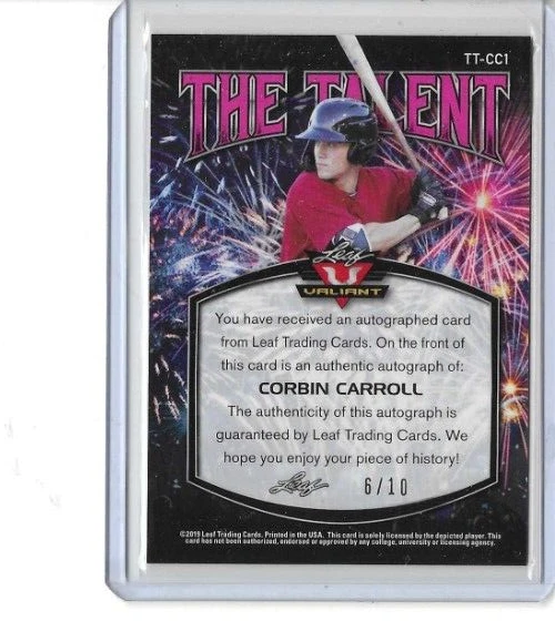CORBIN CORROLL ROOKIE Card 2019 Leaf Valiant YELLOW Prismatic RARE 6/10! #TT-CC1 - Image 2 of 2