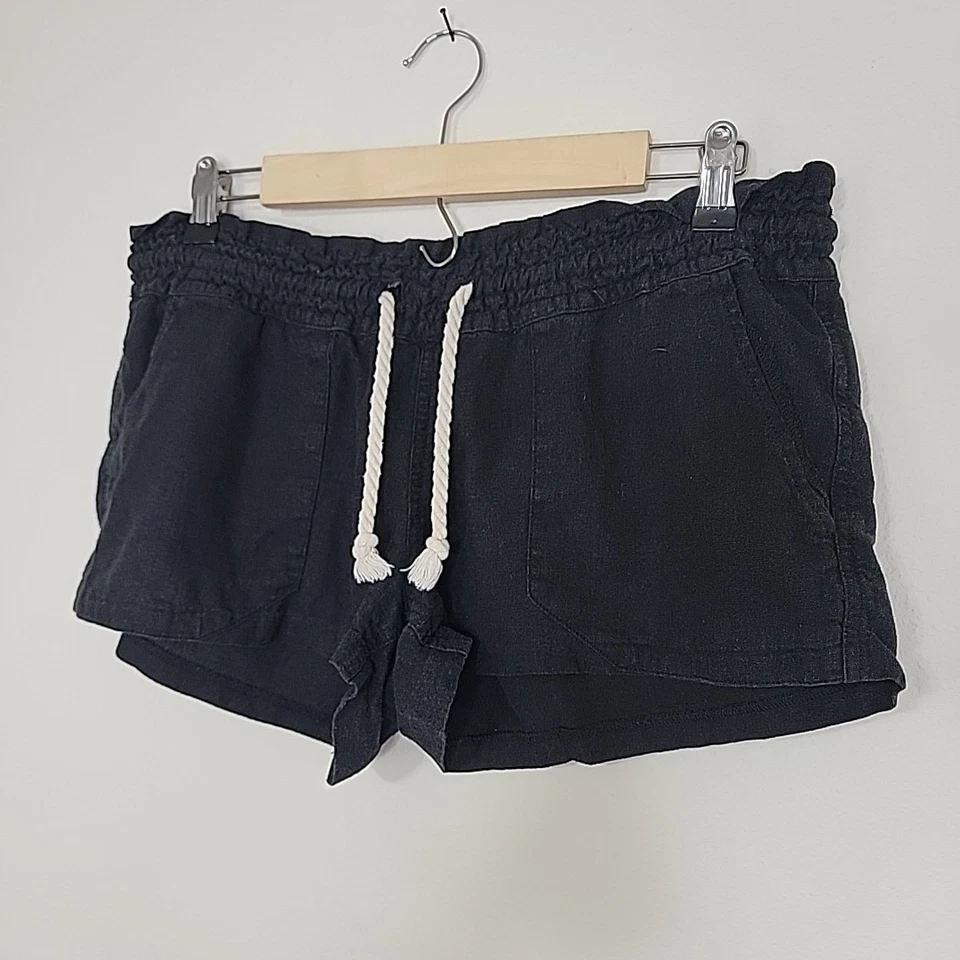 Pantalones Cortos Roxy Para Mujer Lado del Océano Negros Playa Bolsillos Cordón Talla Grande  Foto 2 de 4