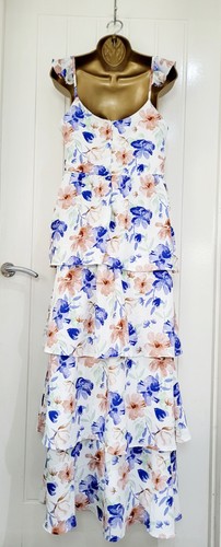 QUIZ size 14 white blue pink tiered ruffle maxi dress summer holiday occasion - Picture 2 of 6