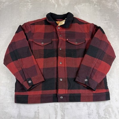 Levi's Relaxed Fit Plaid Trucker Jacket Men's Size L Red/Black Sherpa Lined
