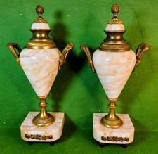 Antique Pair French Marble Onyx Ormolu Brass Urns, Mantel Garniture, FRANCE 11