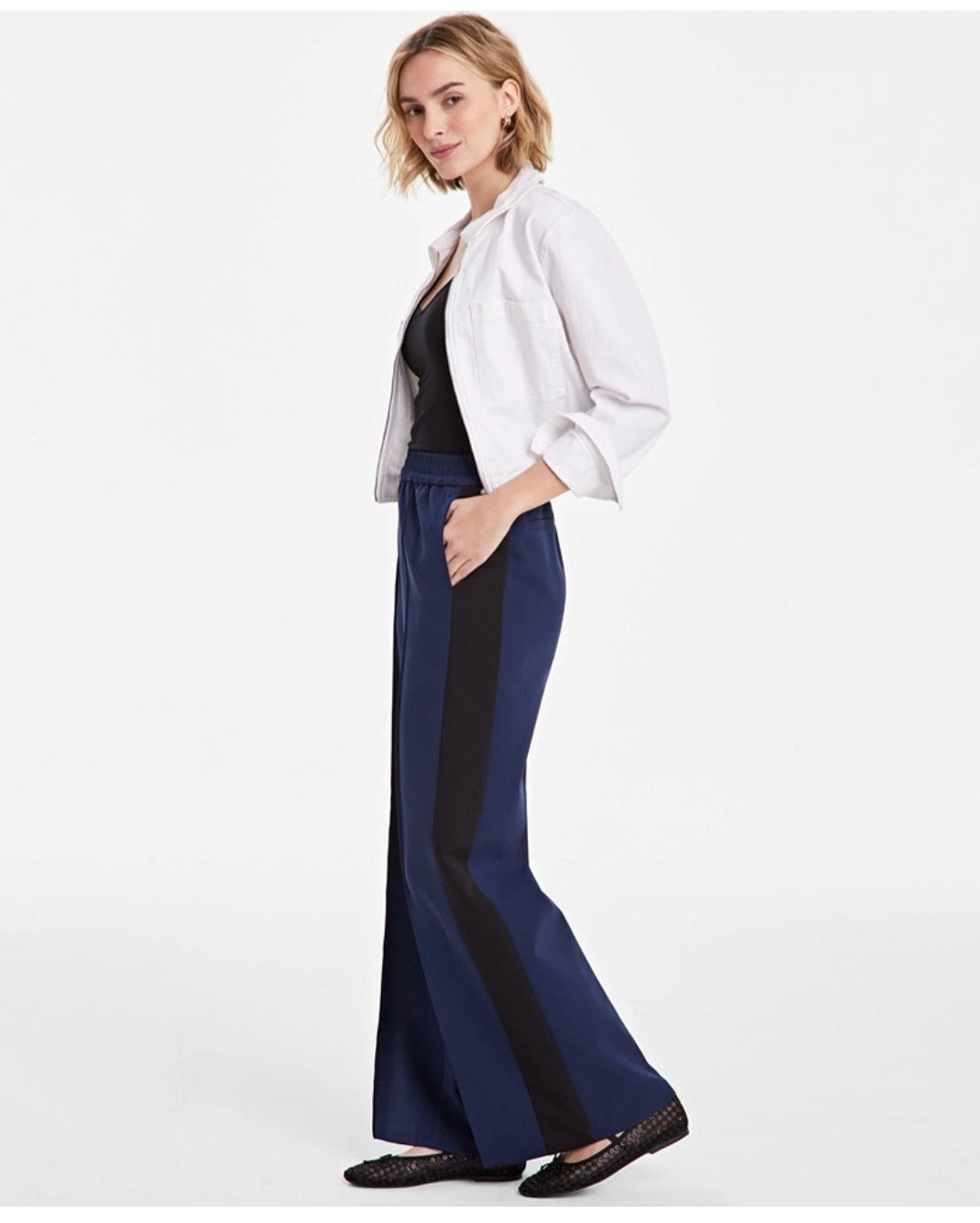 On 34th Women's Mid Rise Side STripe Wide Leg Pants Navy/Black Size Medium NWT