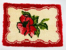 Vintage Latch Hook Rug Red Rose Flower Completed Finished 70s 80s Wall Hanging