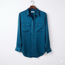 Equipment Femme 100% Silk Slim Button Down Shirt Teal Blue Quiet Luxury