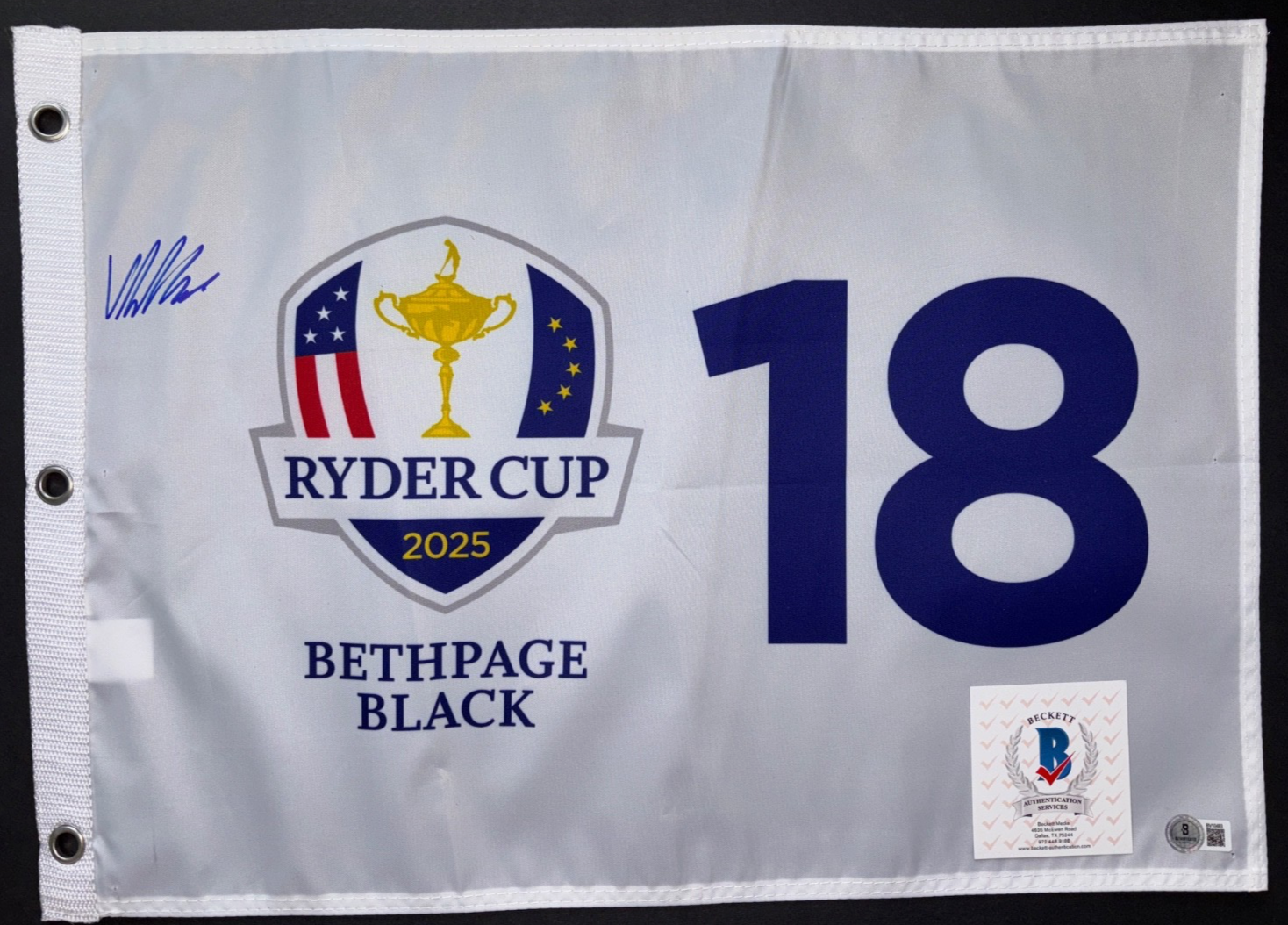 VIKTOR HOVLAND SIGNED 2025 RYDER CUP GOLF FLAG BETHPAGE BLACK EUROPE TEAM BAS a 