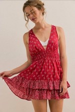 Free People Happy Hour Printed Mini Slip Sun Dress XS Bandana RED Fairy Festival