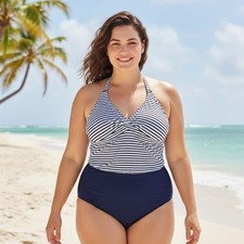 Yonique Plus Size Tankini Swimsuit Set Navy White Striped Tummy Control 26W NEW