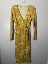 June & Hudson Ribbed Wrap Dress Tie Waist Casual Midi Dress Yellow M