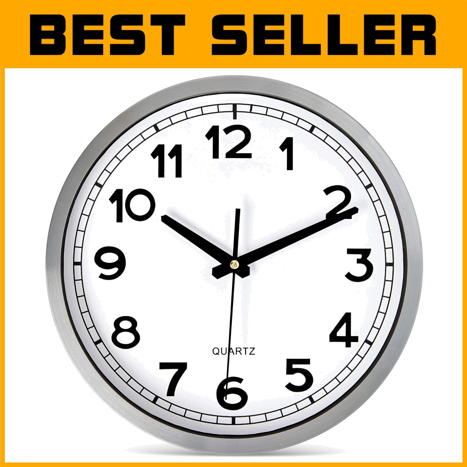 Elegant Silver Metal Wall Clock - 12-Inch Non-Ticking Clock with Bold Numbers