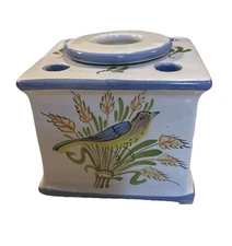 Vintage HTF PIERRE DEUX Ceramic Bird Blue Green Floral INKWELL Pen Holder Signed