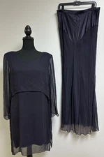 Vtg 2 Lots Holly Harp Dark Navy Blue Layered Dress & Midi Length Skirt Size L