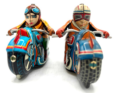 TWO Vintage Hadson Japanese 5  Tin Friction Litho Motorcycle Male & Female #55s