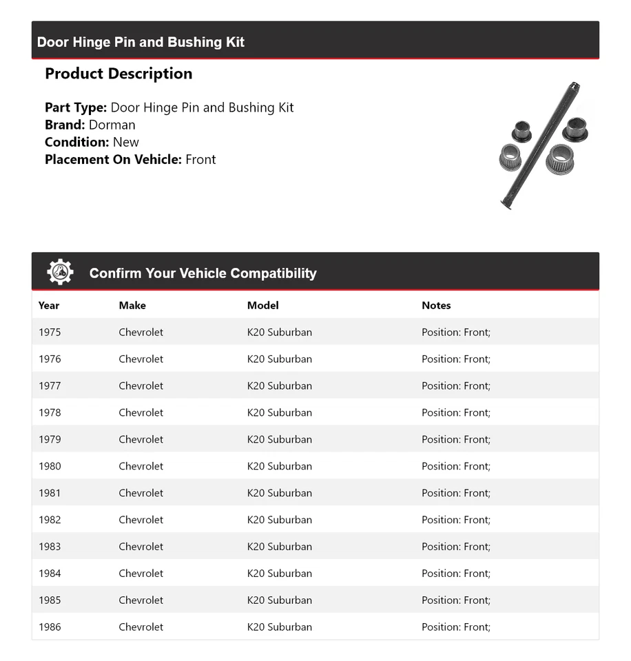For 1975-1986 Chevrolet K20 Suburban Dorman Door Hinge Pin and Bushing Kit Front - Image 2 of 4
