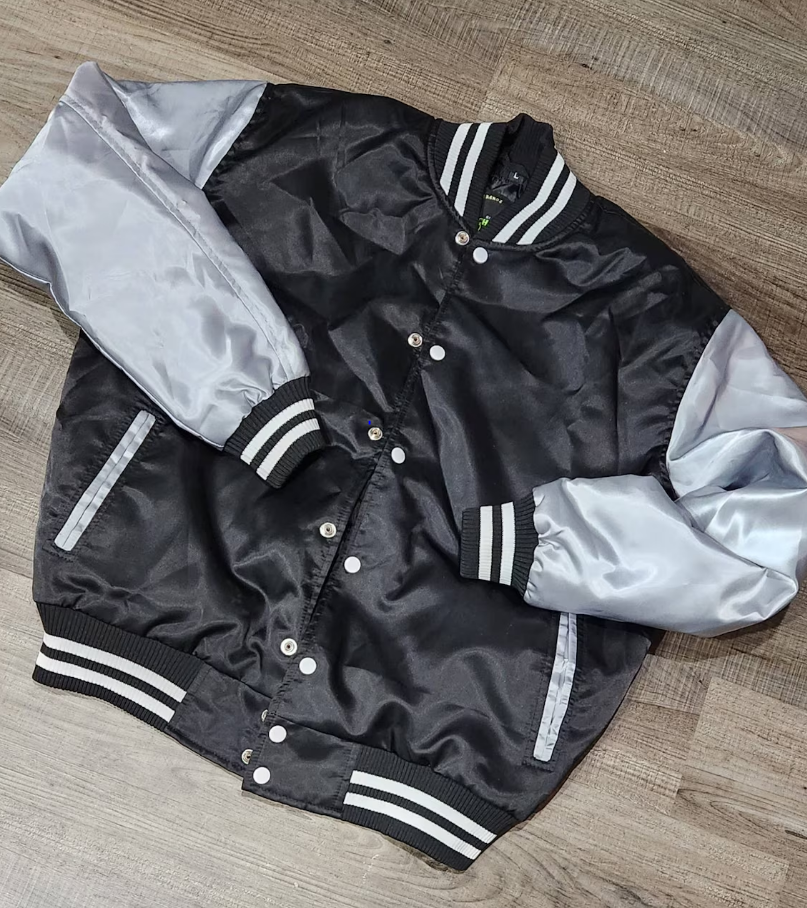 Limited Edition: Satin, Black Body, Gray Arms, White Stripes, Varsity Jacket XL