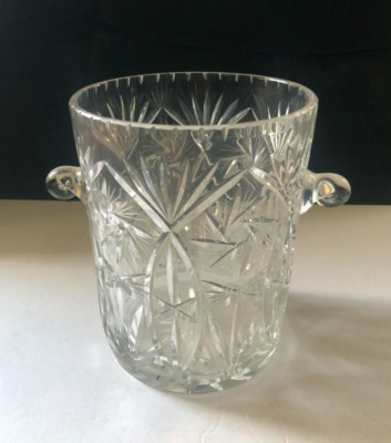 Vintage Heavy Glass Ice Bucket Wine Cooler w/Knob Handles Pineapples & Fans
