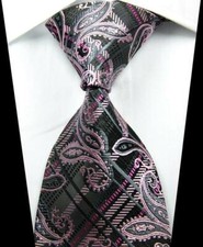 Hot Paisley Stripe Black Gray Pink JACQUARD WOVEN 100 Silk Men's Tie Necktie