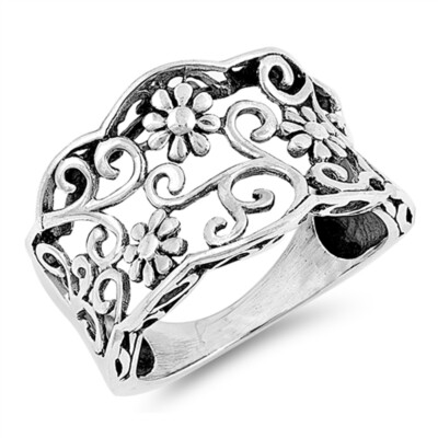 Oxidized Vintage Flower Filigree Ring - 925 Sterling Silver Band, Sizes 5-10 - View #5