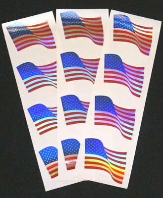 Three Sheets 2x6 inch Metallic American Flag Stickers (appx. 1 1/2 x 1 ...