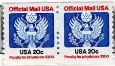 US Stamp Scott #O135, 20c, Official Mail, Coil Strip of 2, OG, MNH