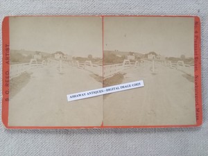 1870s SV of PARKER RIVER BRIDGE Road & BUILDINGS in NEWBURYPORT MA S.C. Reed