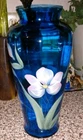 Fenton Twilight Blue Glass Vase Hand Painted Flowers Signed Diane Gessel 10.5"