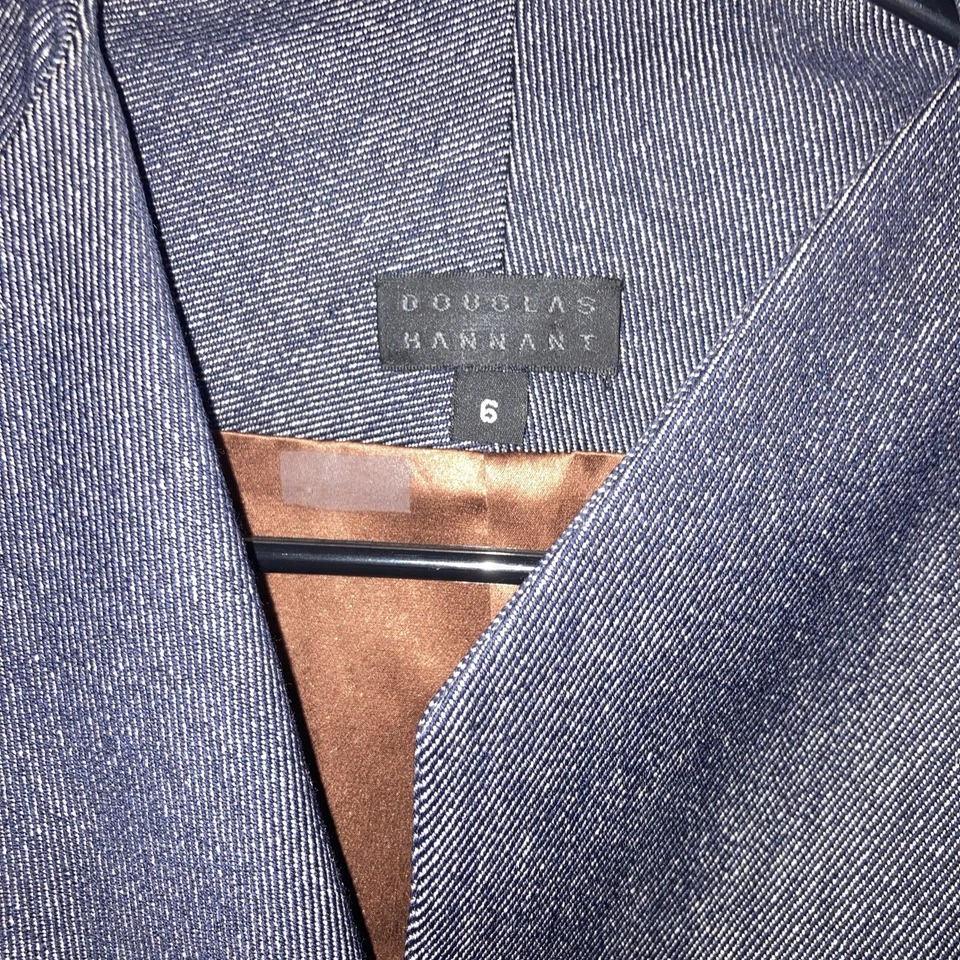 Blazer Douglas Hannant Diseñador Negro Denim Cuero Genuino Seda Lana Mujer Talla 6 Foto 2 de 4