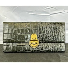 VTG Polo Ralph Lauren Olive Croc Embossed Secretary Wallet Clutch