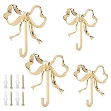 Gold Brass Bow Knot Large Wall Door Decorative Hanger Towel Coat Hooks 4 PCS
