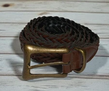 Mens Braided Weaved Brown Imitation Leather Belt Brass Buckle Adjustable 53"